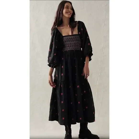 Free People | Dresses | Free People Dahlia Embroidered Maxi Dress Black  Floral Boho Size Small | Poshmark